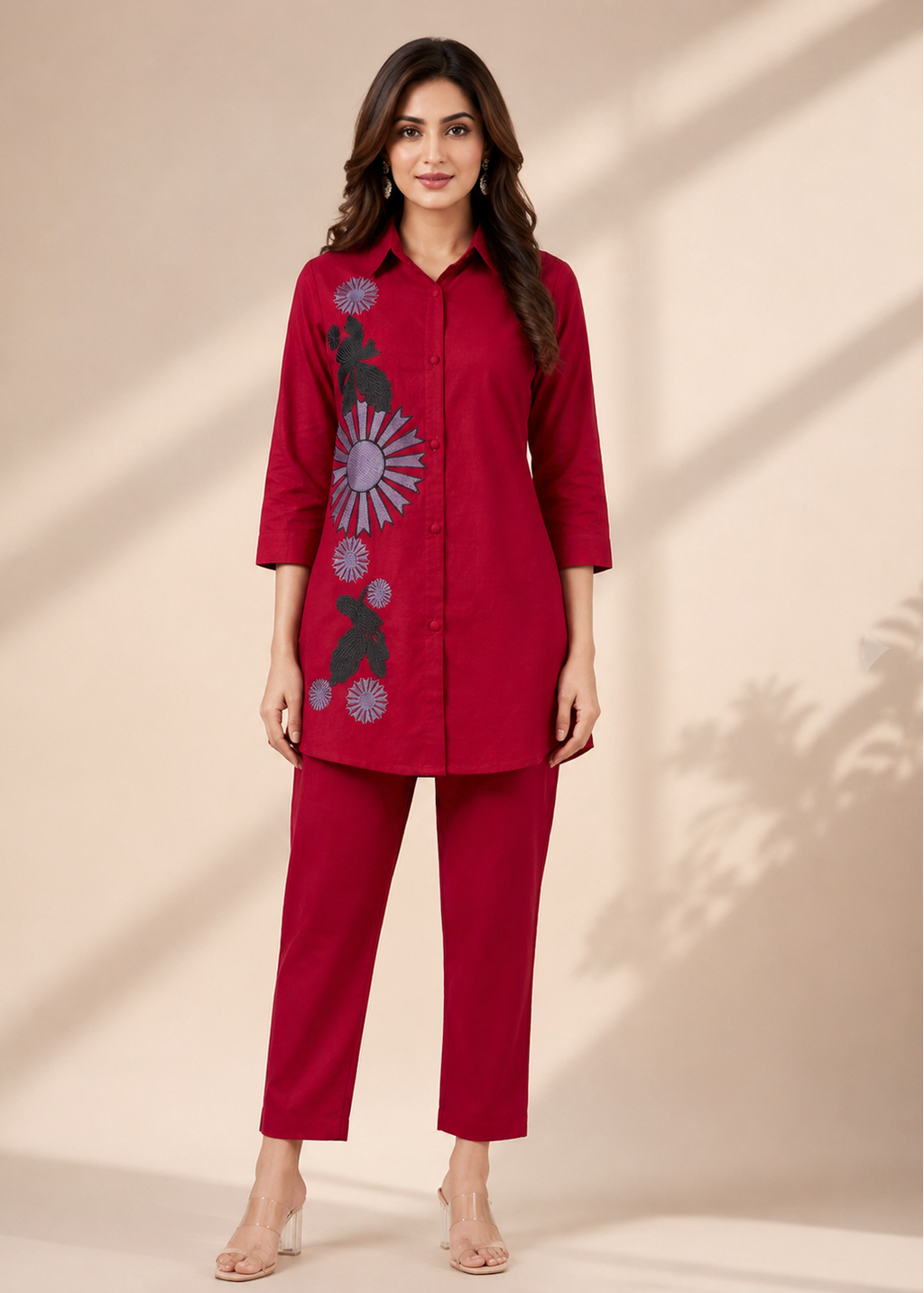 Ruby Red Gazzi Cotton Co-Ord Set with Floral Embroidery Work