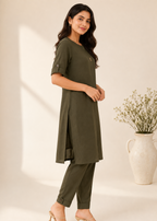 Olive Green Italian Crepe Straight Kurta for Women