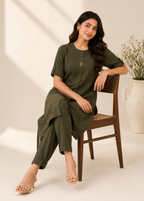 Olive Green Italian Crepe Straight Kurta for Women