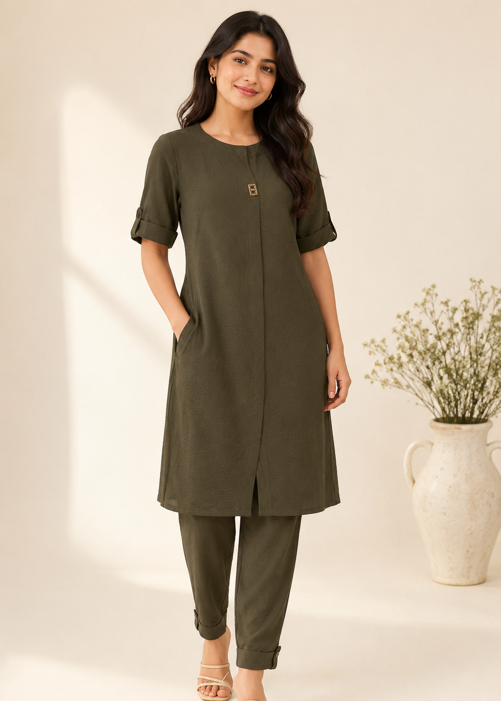 Olive Green Italian Crepe Straight Kurta for Women