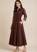 Chocolate Brown Embroidered Fit & Flare Midi Dress for Women