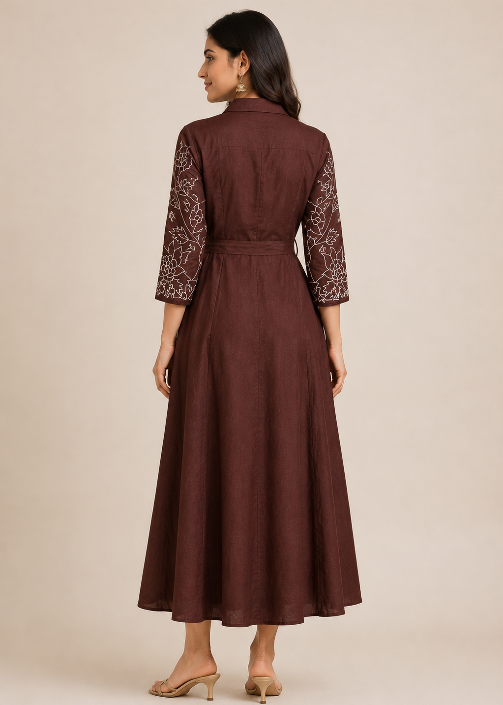 Chocolate Brown Embroidered Fit & Flare Midi Dress for Women
