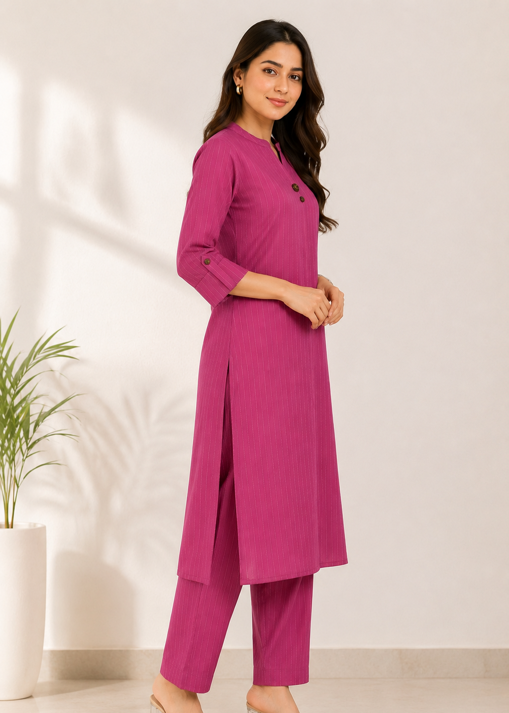 Magenta Striped Italian Crepe Kurta for Women