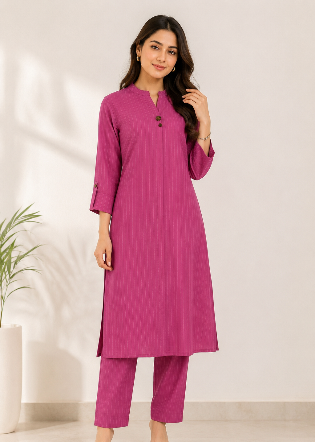 Magenta Striped Italian Crepe Kurta for Women