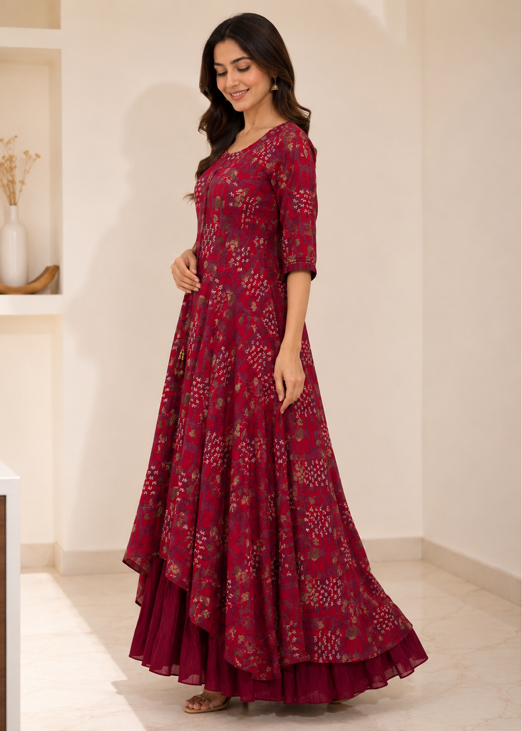 Wine Printed Flared Gown with Layered Hem