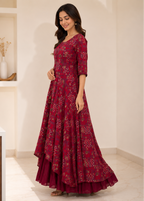 Wine Printed Flared Gown with Layered Hem