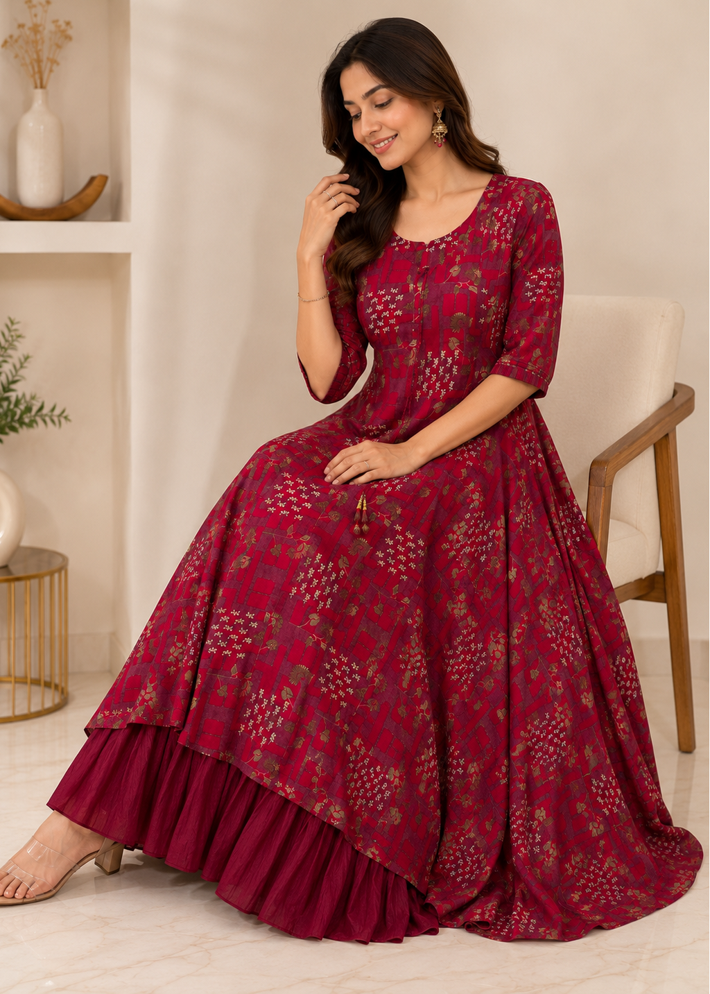 Wine Printed Flared Gown with Layered Hem