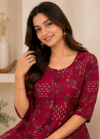 Wine Printed Flared Gown with Layered Hem