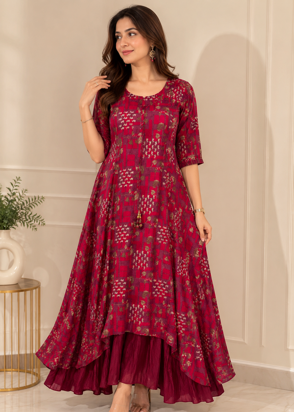 Wine Printed Flared Gown with Layered Hem