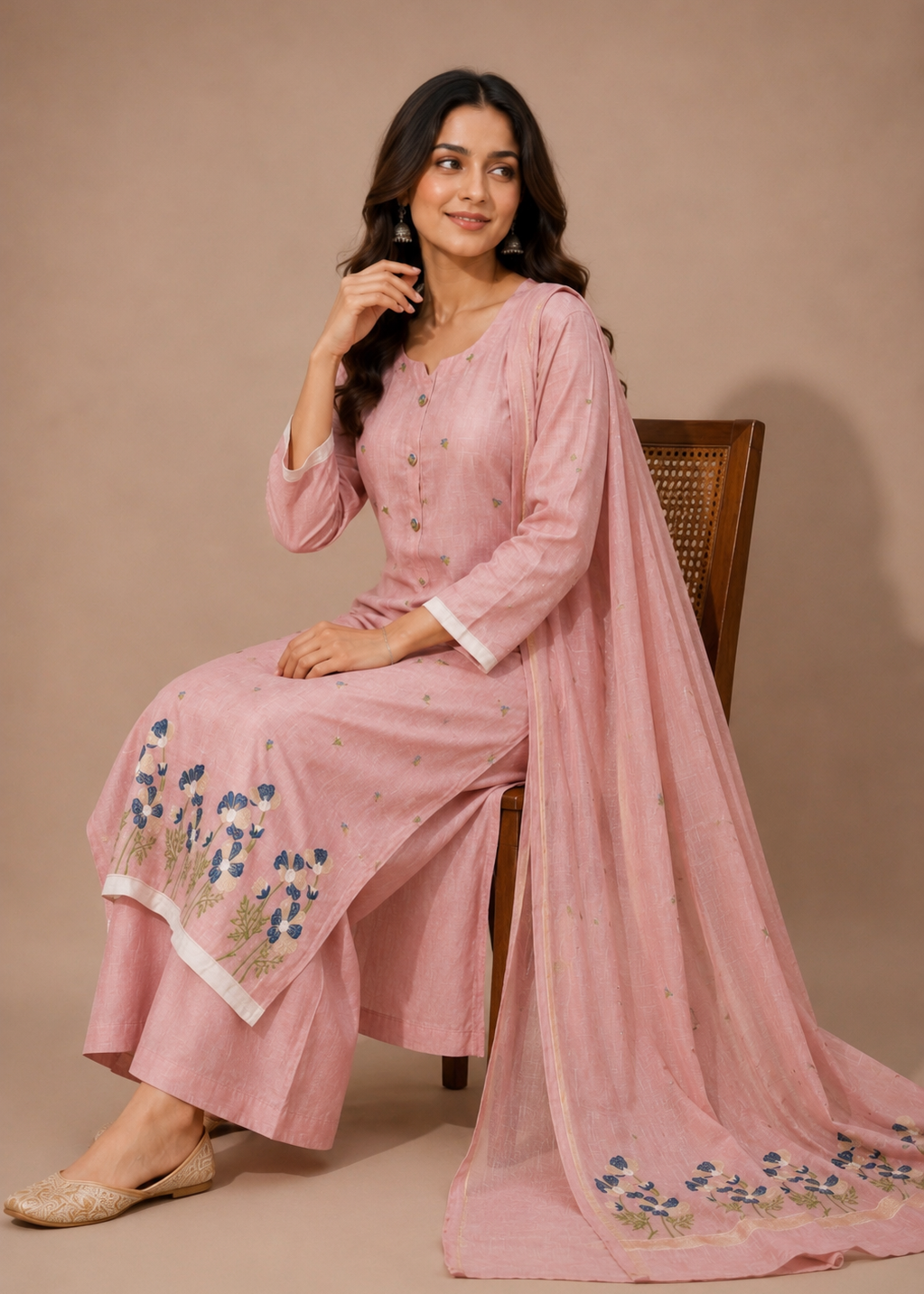 A woman seated on a wooden chair wearing a light pink traditional outfit with floral embroidery near the hem and a matching sheer dupatta, photographed against a plain beige studio backdrop.