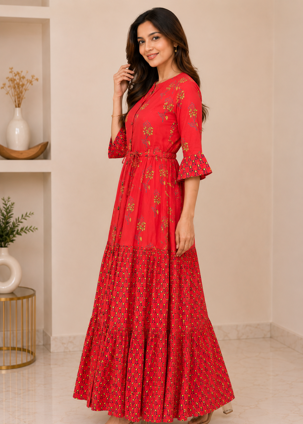Red Floral Printed Tiered Maxi Dress with Waist Tie