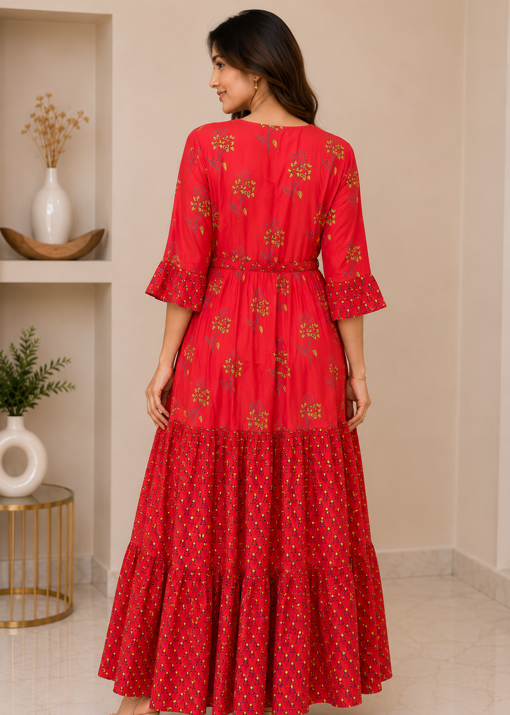 Red Floral Printed Tiered Maxi Dress with Waist Tie