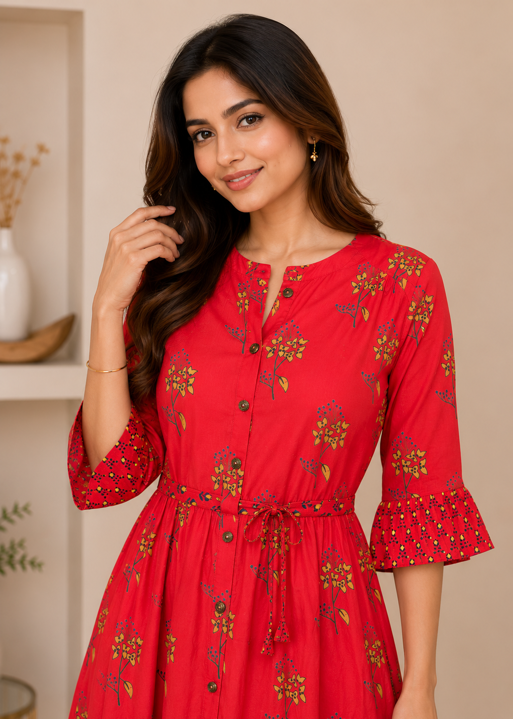 Red Floral Printed Tiered Maxi Dress with Waist Tie