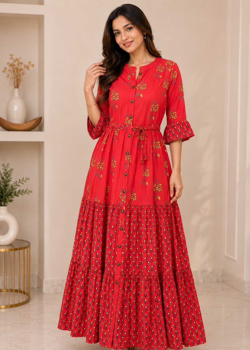 Red Floral Printed Tiered Maxi Dress with Waist Tie