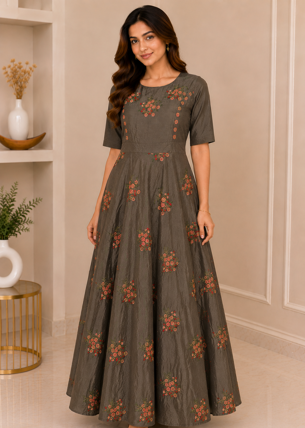 Olive Green Floral Embroidered Maxi Gown