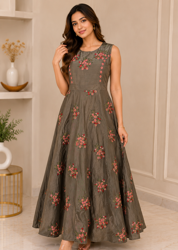 Olive Green Floral Embroidered Maxi Gown