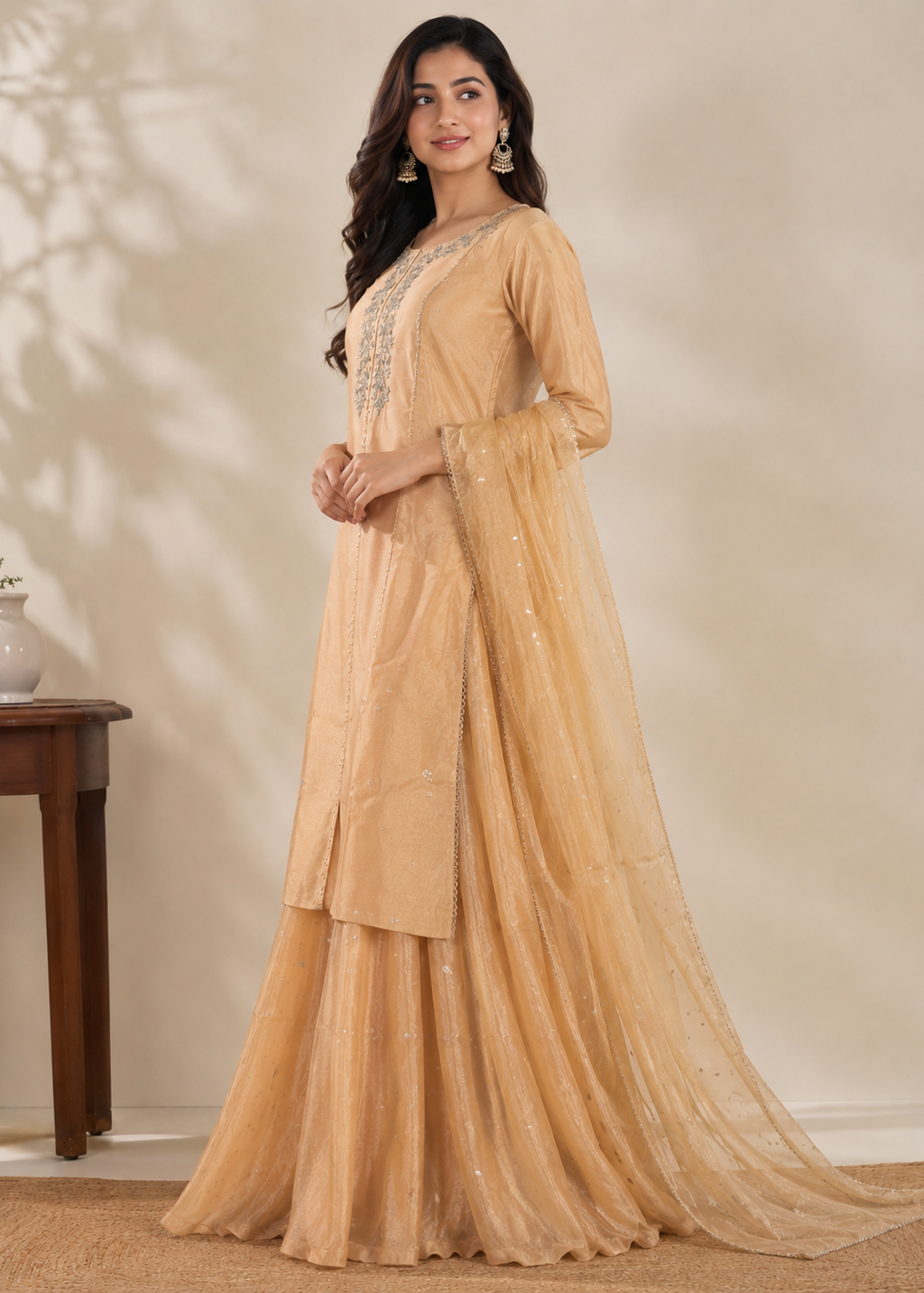 Peach Embroidered Kurta Dupatta and Skirt Set