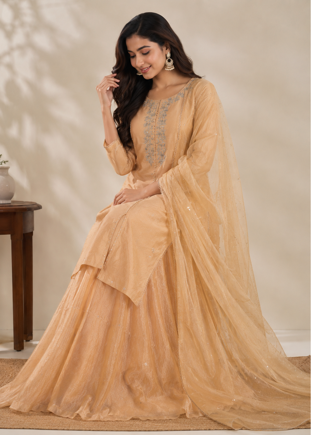 Peach Embroidered Kurta Dupatta and Skirt Set