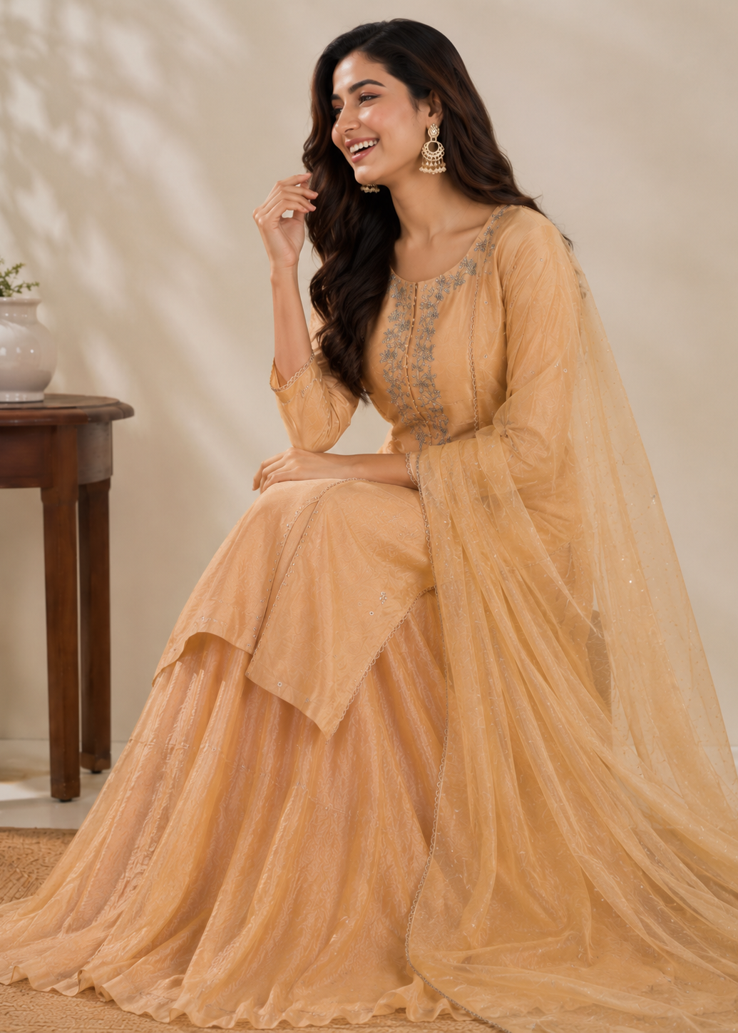 Peach Embroidered Kurta Dupatta and Skirt Set