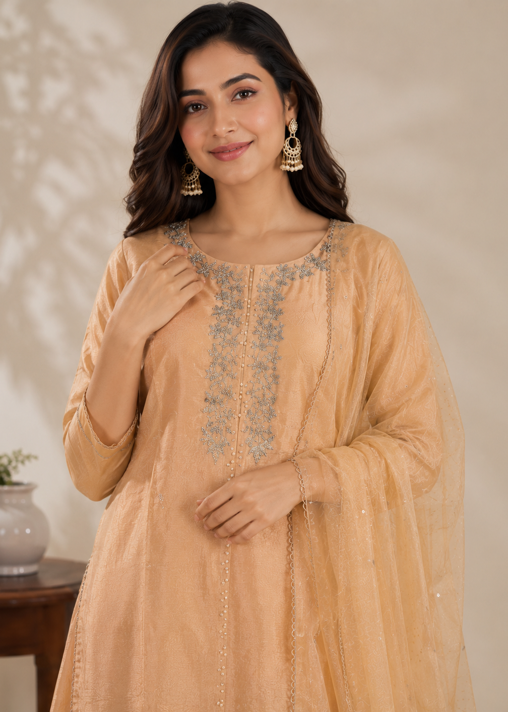 Peach Embroidered Kurta Dupatta and Skirt Set