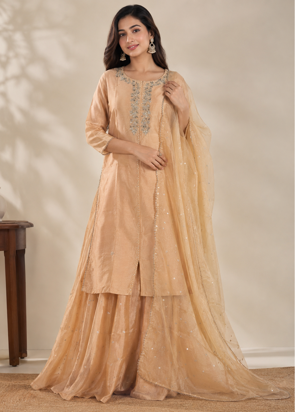 Peach Embroidered Kurta Dupatta and Skirt Set