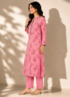 Pink Floral Printed Casual Straight Kurti