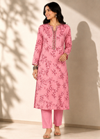 Pink Floral Printed Casual Straight Kurti
