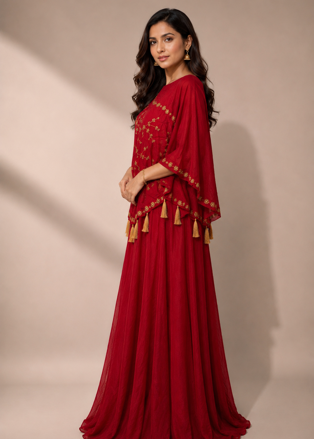 Maroon Embroidered Kaftan Style Gown for Women with Tassel Detailing