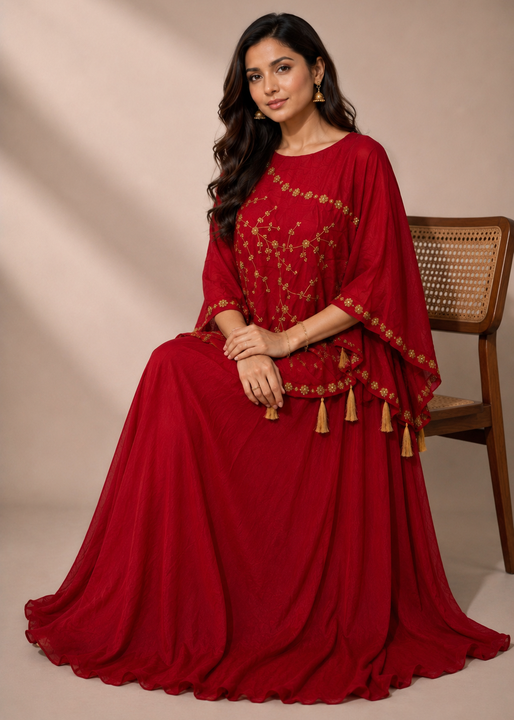 Maroon Embroidered Kaftan Style Gown for Women with Tassel Detailing