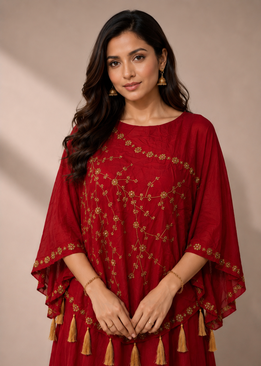 Maroon Embroidered Kaftan Style Gown for Women with Tassel Detailing