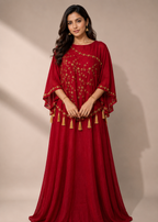 Maroon Embroidered Kaftan Style Gown for Women with Tassel Detailing