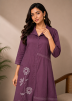 Purple Floral Printed A-Line Cotton Dress for Women with Shirt Collar
