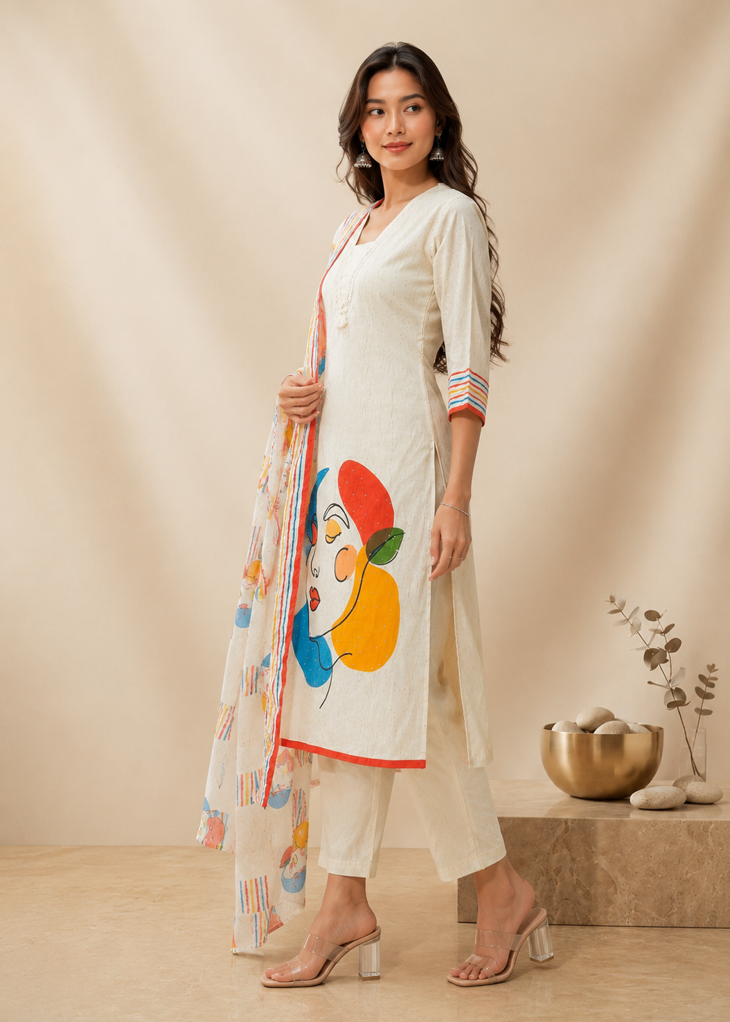 Artistic Printed Ivory Kurta Pant Set With Dupatta
