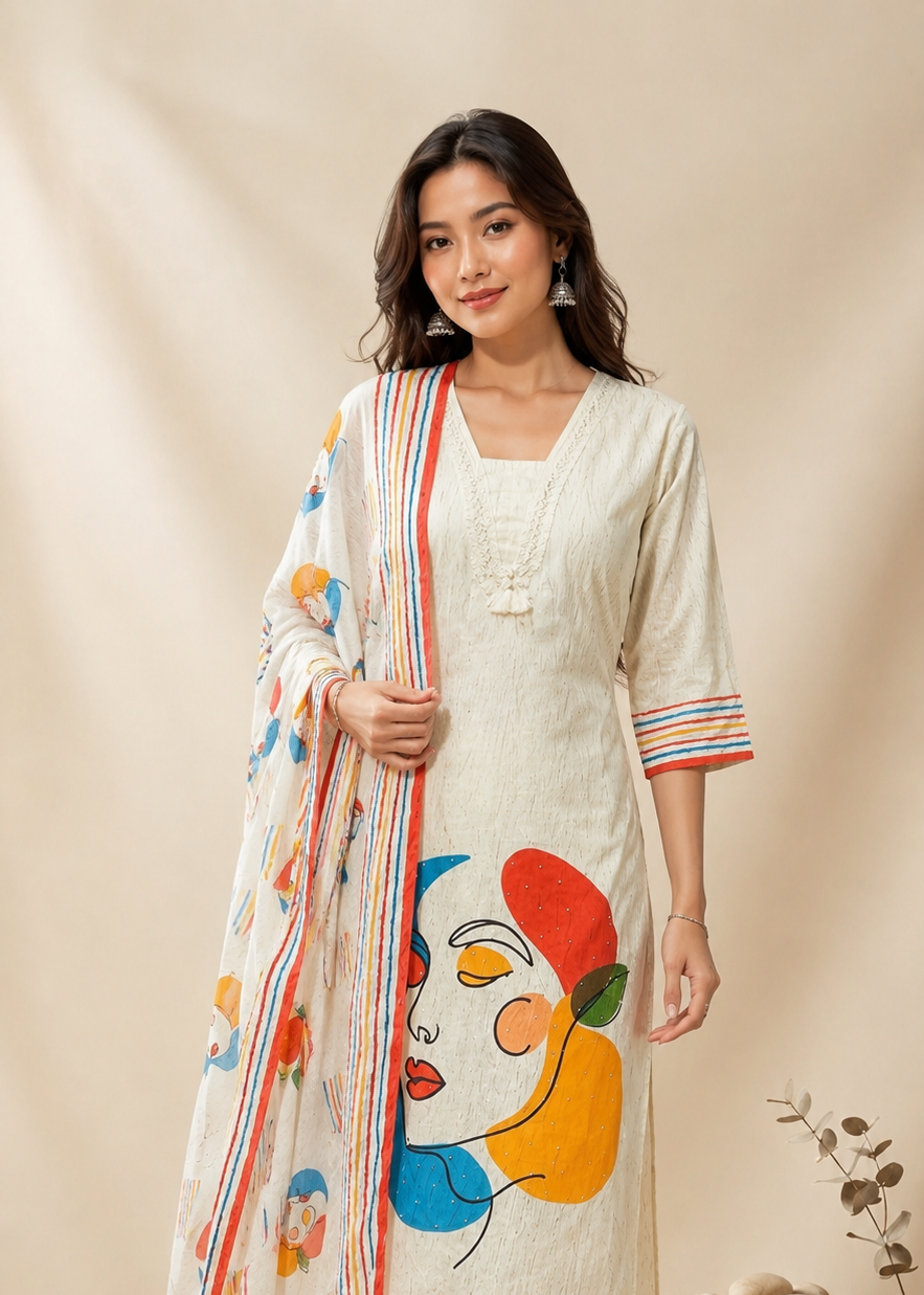 Artistic Printed Ivory Kurta Pant Set With Dupatta