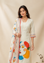 Artistic Printed Ivory Kurta Pant Set With Dupatta