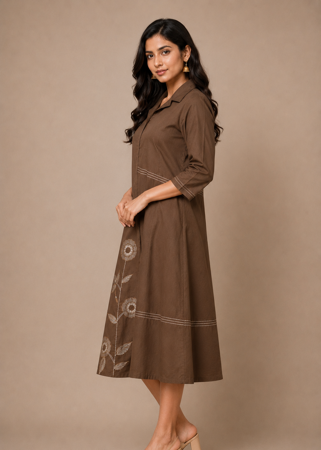 Brown Floral Printed Cotton A-Line Midi Dress