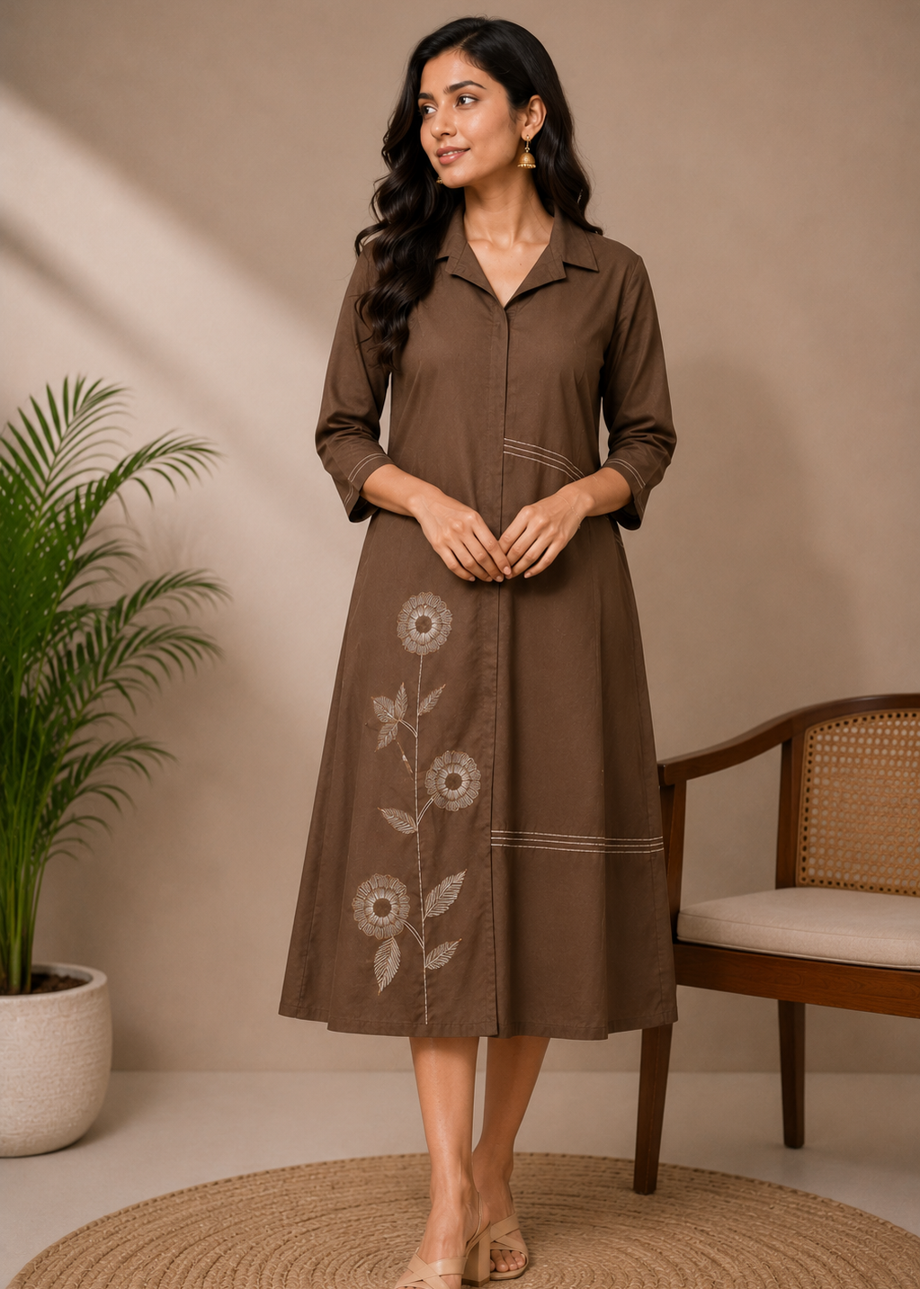 Brown Floral Printed Cotton A-Line Midi Dress