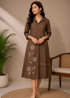 Brown Floral Printed Cotton A-Line Midi Dress