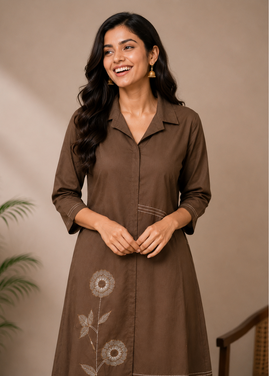 Brown Floral Printed Cotton A-Line Midi Dress