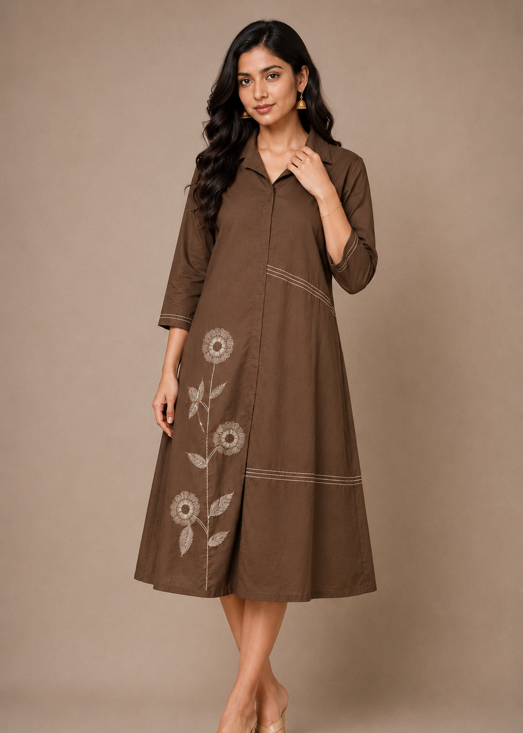 Brown Floral Printed Cotton A-Line Midi Dress
