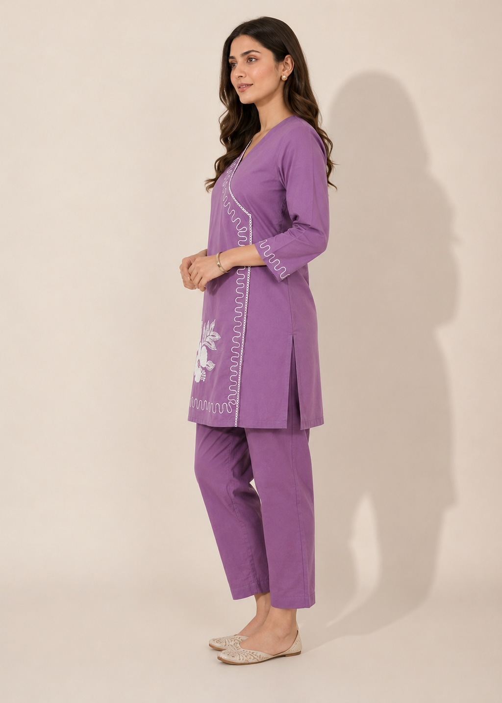 Lavender Floral Embroidered Cotton Co-Ord Set