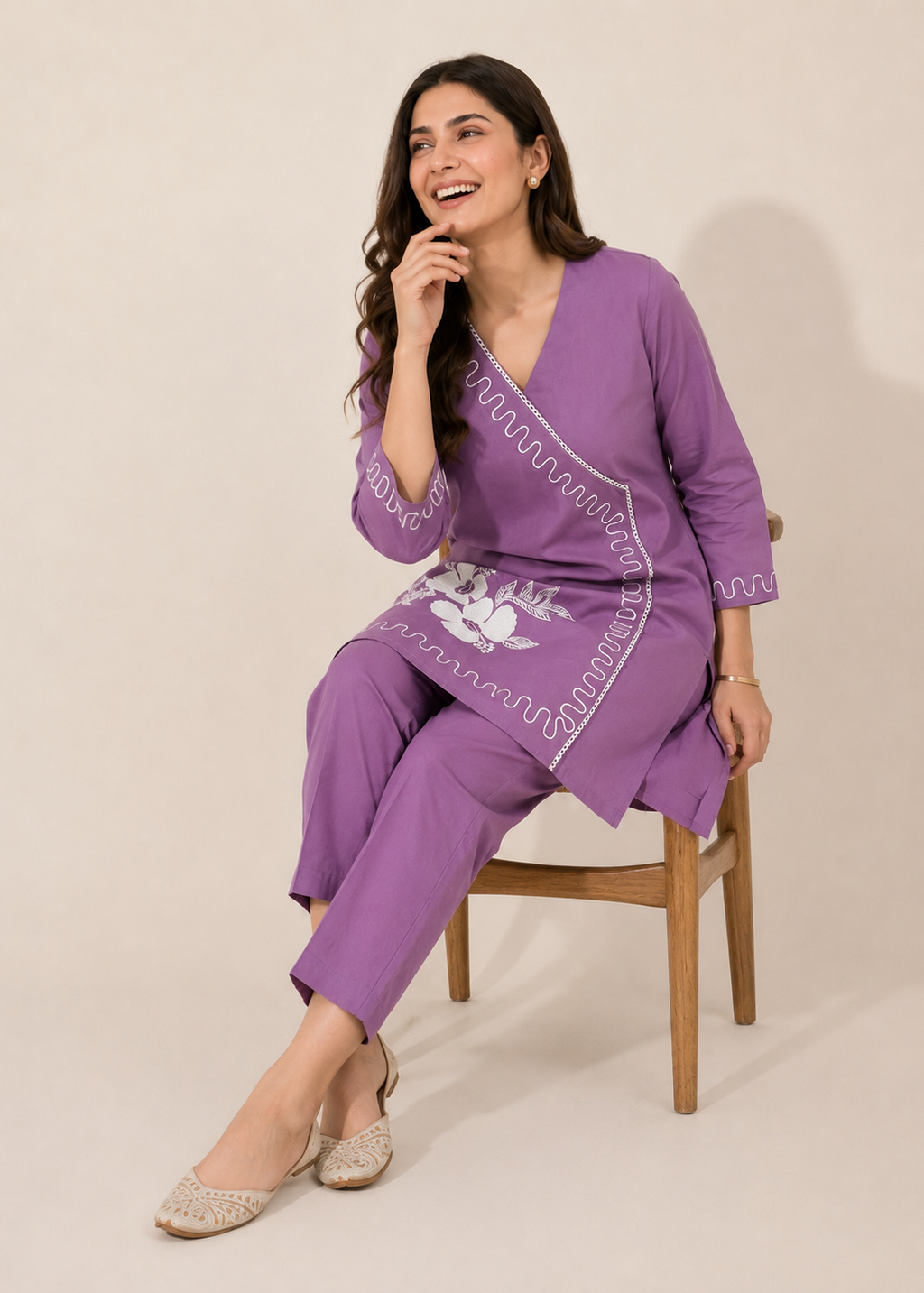 Lavender Floral Embroidered Cotton Co-Ord Set