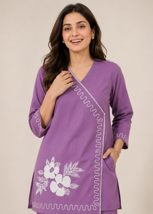 Lavender Floral Embroidered Cotton Co-Ord Set