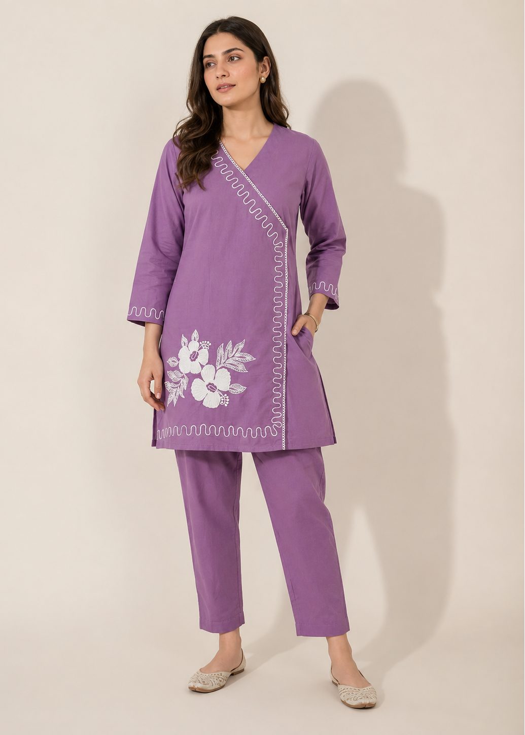 Lavender Floral Embroidered Cotton Co-Ord Set