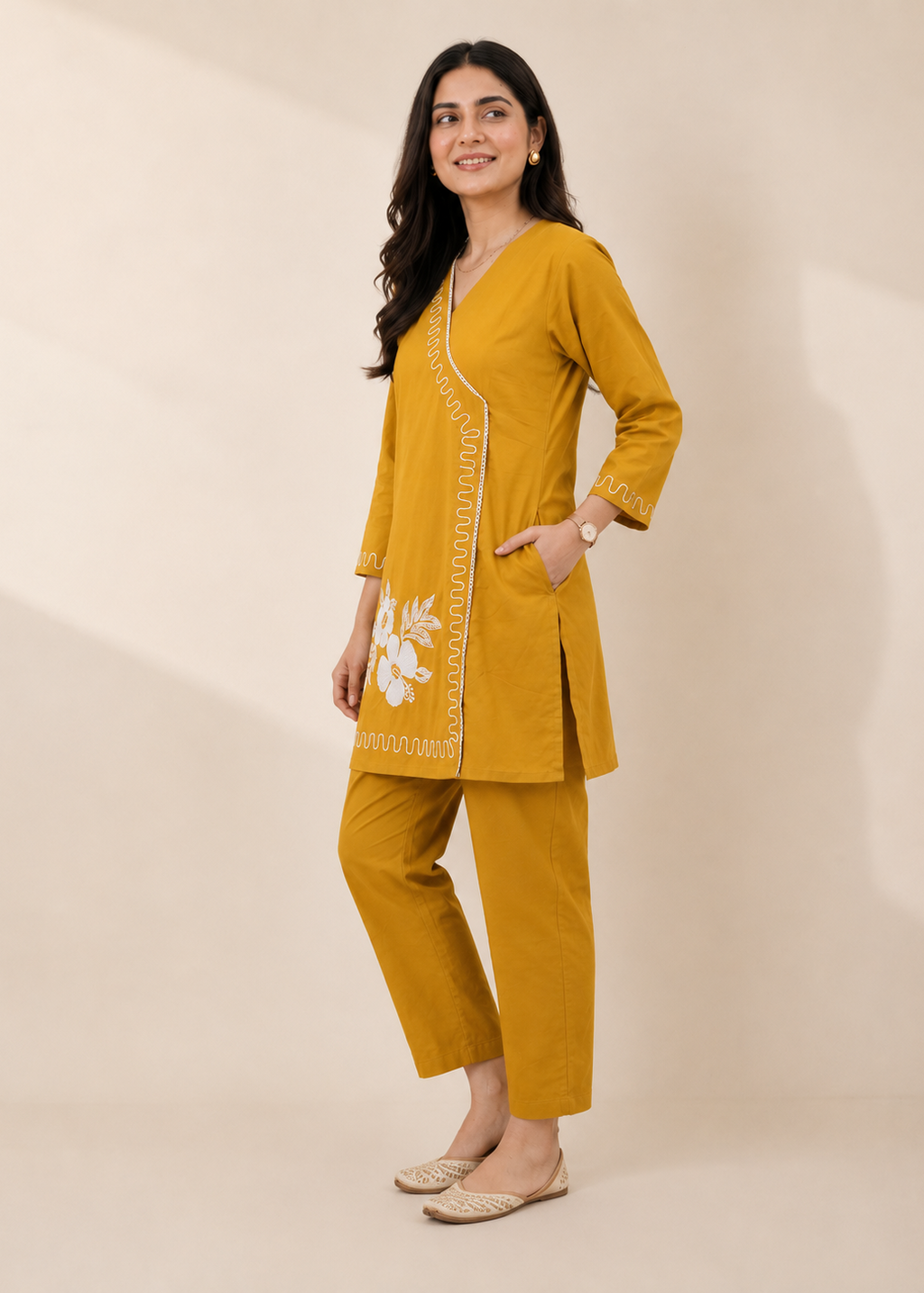 Mustard Floral Casual Embroidered Cotton Co-Ord Set