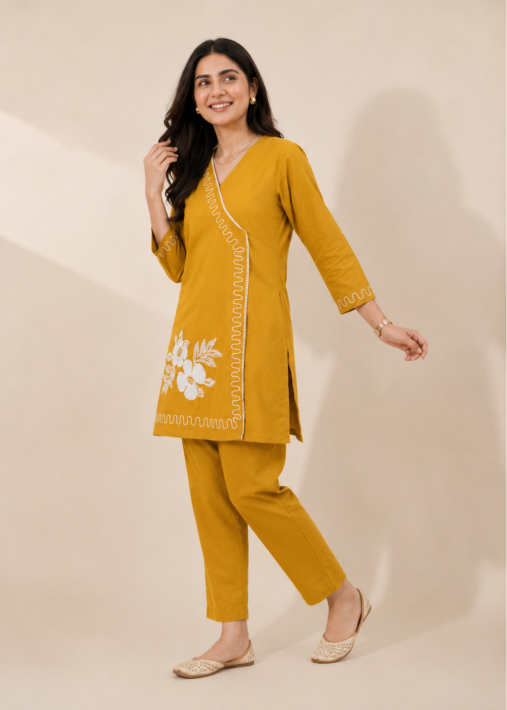 Mustard Floral Casual Embroidered Cotton Co-Ord Set