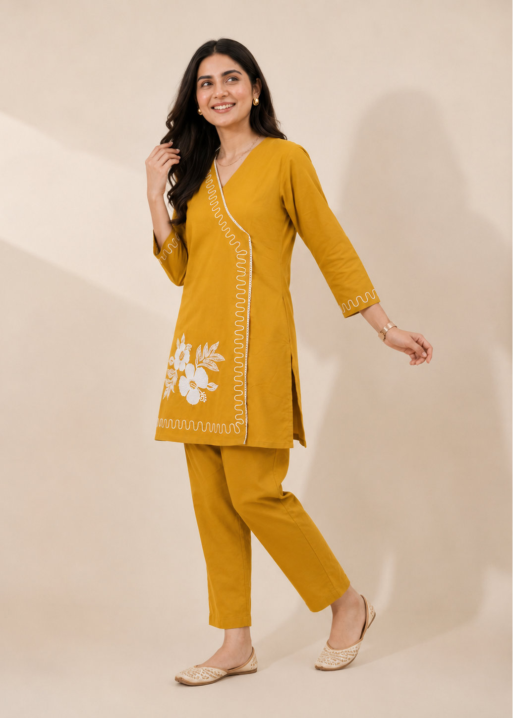 Mustard Floral Casual Embroidered Cotton Co-Ord Set