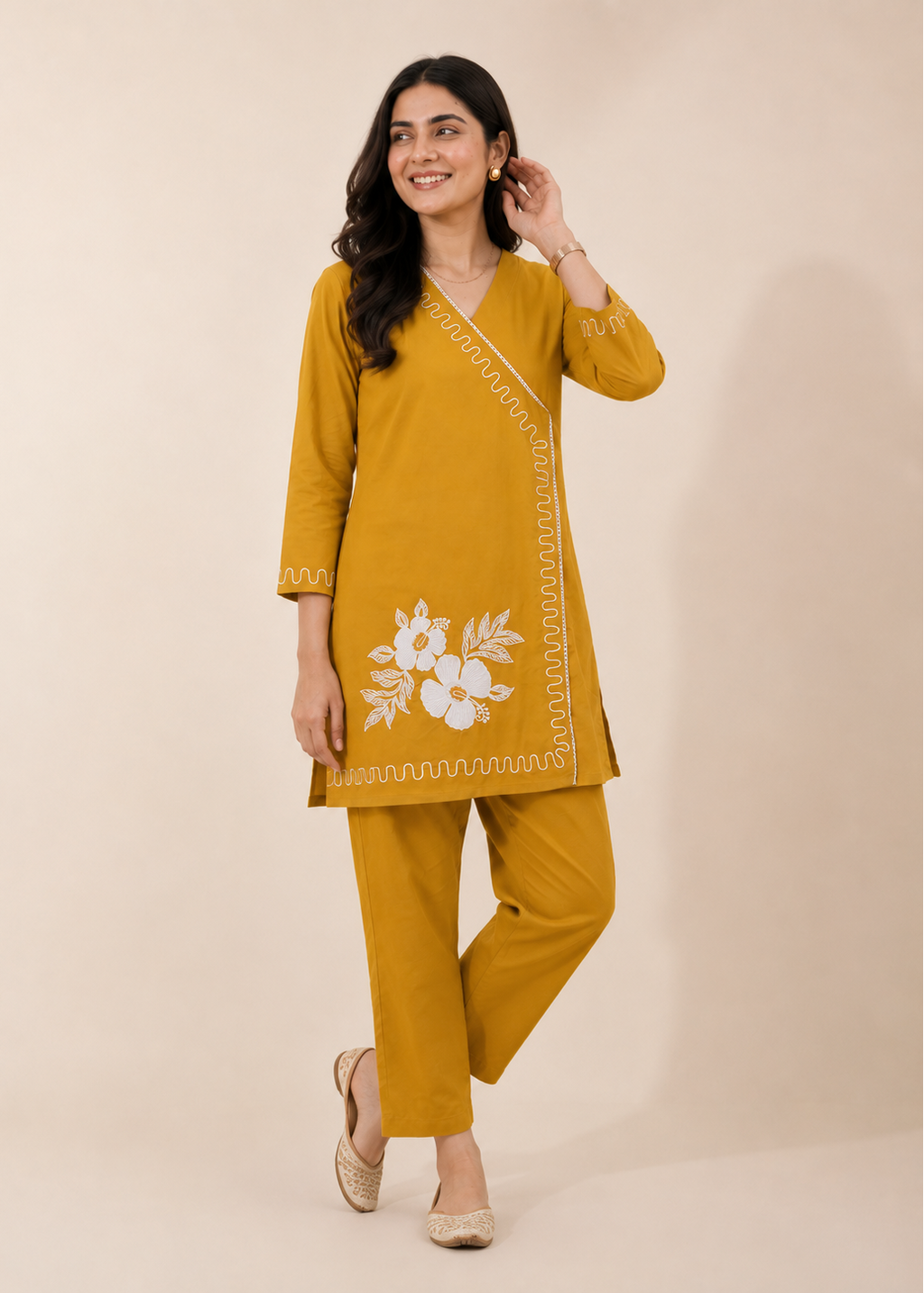 Mustard Floral Casual Embroidered Cotton Co-Ord Set