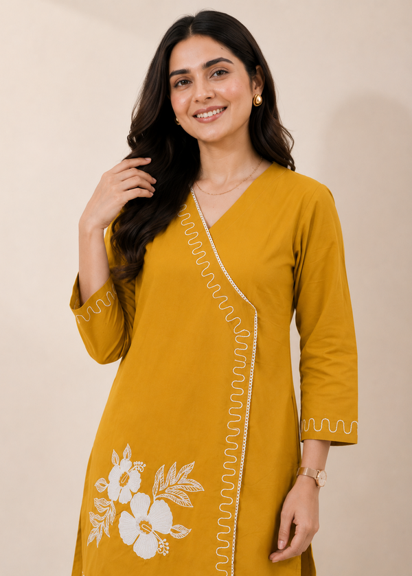 Mustard Floral Casual Embroidered Cotton Co-Ord Set