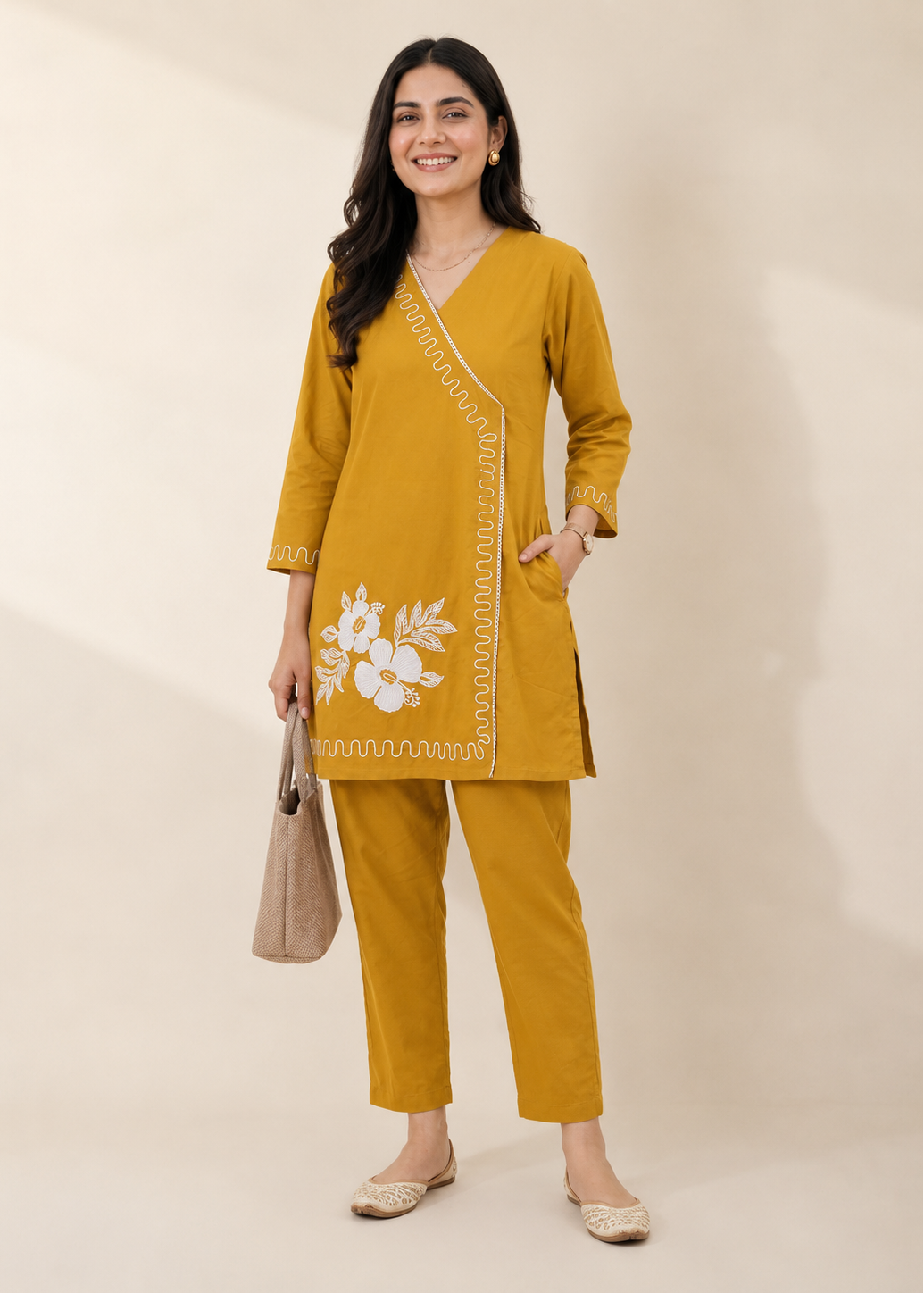 Mustard Floral Casual Embroidered Cotton Co-Ord Set